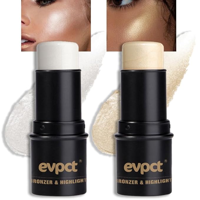 evpct 2Pcs Face Cream Makeup Highlighter Highlight Contour Stick Pearl White & Gold Glitter Contouring Highlighter Makeup Stick and Contour Illuminator Highly Piamented Long Lasting Skin Brighten 9+12-VivaGrace Women
