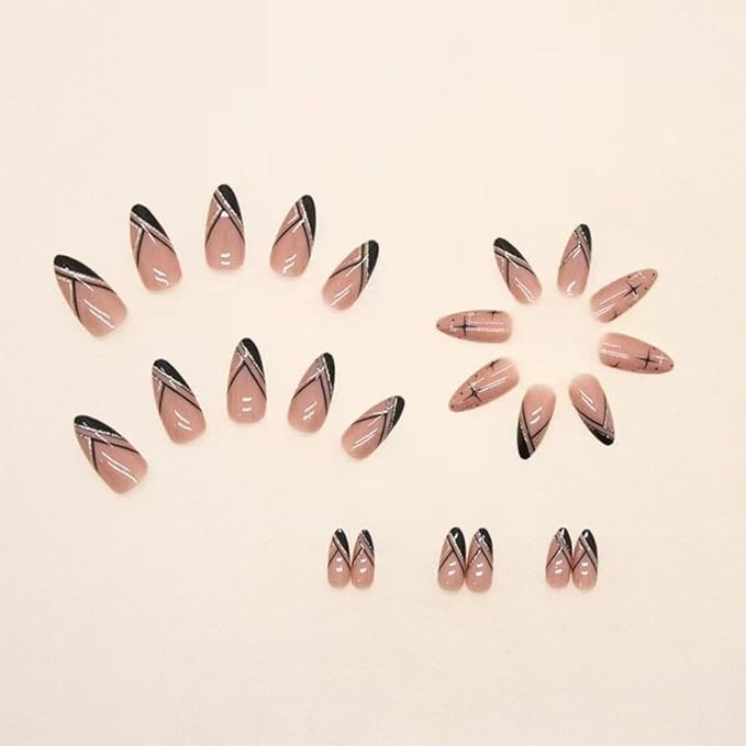French Tip Press on Nails Medium Almond Fake Nails Black Gold Line False Nails with Design Star Glue on Nails Glossy Acrylic Nail Press ons Full Cover Stick on Nails for Women Girls Manicure 24PCS