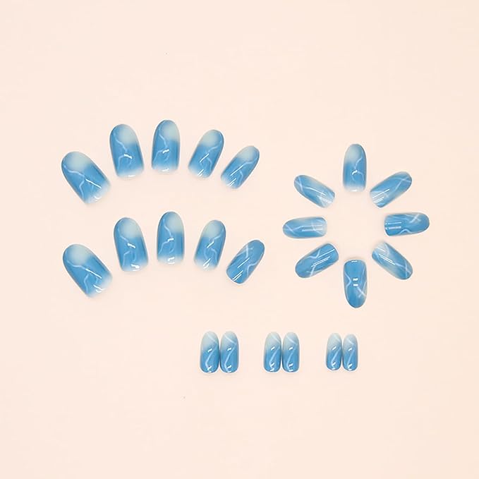 Blue Press on Nails Medium Length Almond Fake Nails Blue Gradient Marble Glue on Nails Summer Acrylic Nails Glossy False Nails Reusable Artificial Stick on Nails for Women Girls Manicure 24Pcs