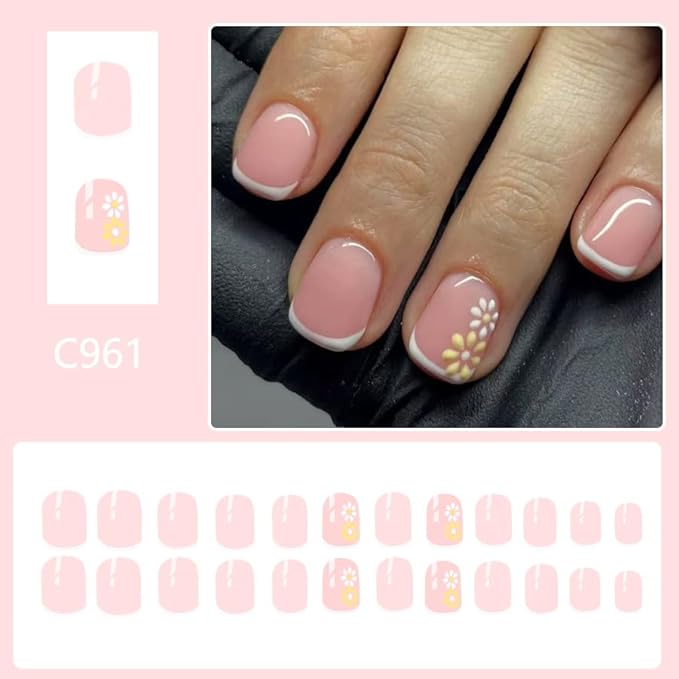 24Pcs Short Press on Nails White French Tip Fake Nails Spring Summer Flower False Nails for Women Nude Pink Glue on Nails Full Cover Reusable Stick on Nails Cute Square Nails Press ons