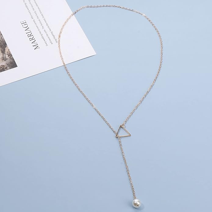 Boho Pearl Triangle Necklace Gold Y Pearl Necklace Minimalist Y Lariat Necklace Geometry Chain Jewelry for Women and Girls-VivaGrace Women