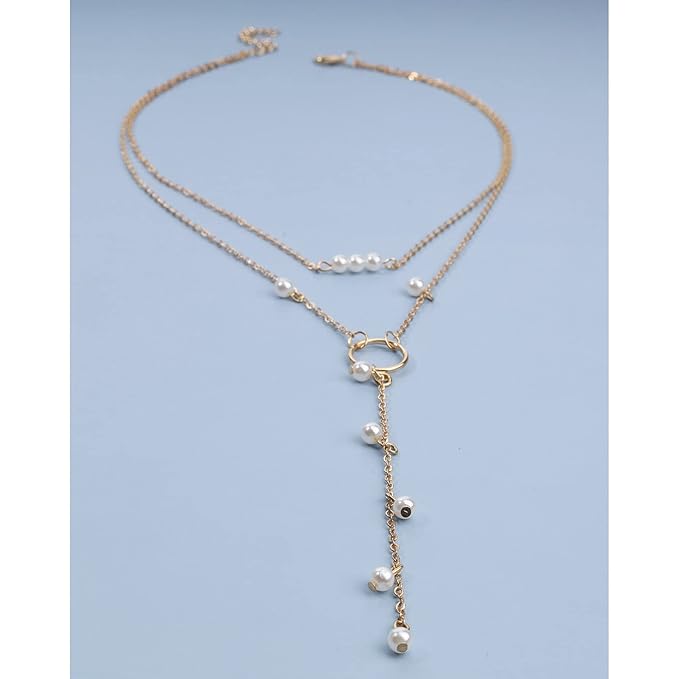 Boho Circle Pearl Lariat Necklace Gold Long Lariat Chain Necklace Tiny Pearl Choker Necklace Drop Pearl Chain Y Necklace Jewelry for Women and Girls Gifts-VivaGrace Women