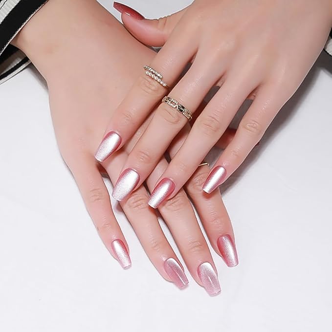 Nude Pink Medium Coffin Press On Nails, Cat Eye Press On Nails with Crystal Glow Design, Fashion Gel Coffin Fake Nails, Reusable Acrylic Fake Nails, Stick On Nails for Women, Glacial Rose