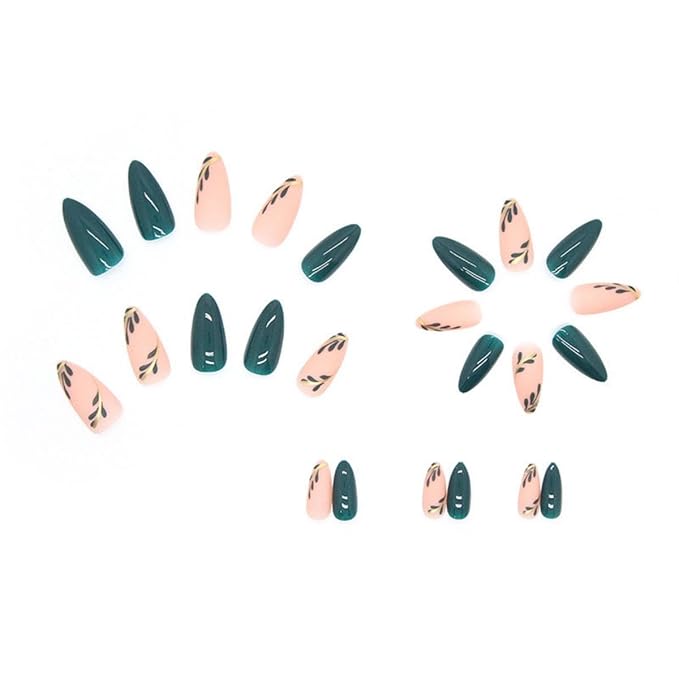 Green Press on Nails Gold Medium Almond Fake Nails Green Leaf Glue on Nails Glossy Spring Nails Artificial Acrylic Nails Press on Reusable Summer False Nails for Women Girls Manicure 24pcs