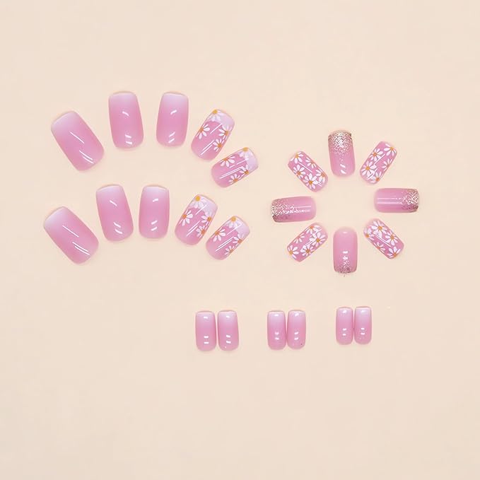 Square Press on Nails Medium, Pink Fake Nails Spring False Nails with Daisy Flower Designs, Glossy Full Cover Artificial Nails Medium Stick on Nails Cute Glue on Nails, 24 Pcs