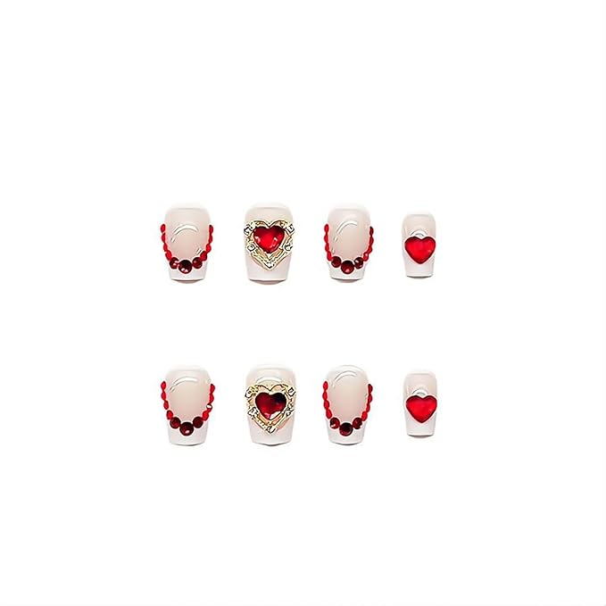 Coffin Press on Nails White French Tip Glue on Nails Short Fake Nails Thick False Nails with Red Heart Rhinestones Designs Glossy Artificial Nails Natural Stick on Nails for Women 24Pcs