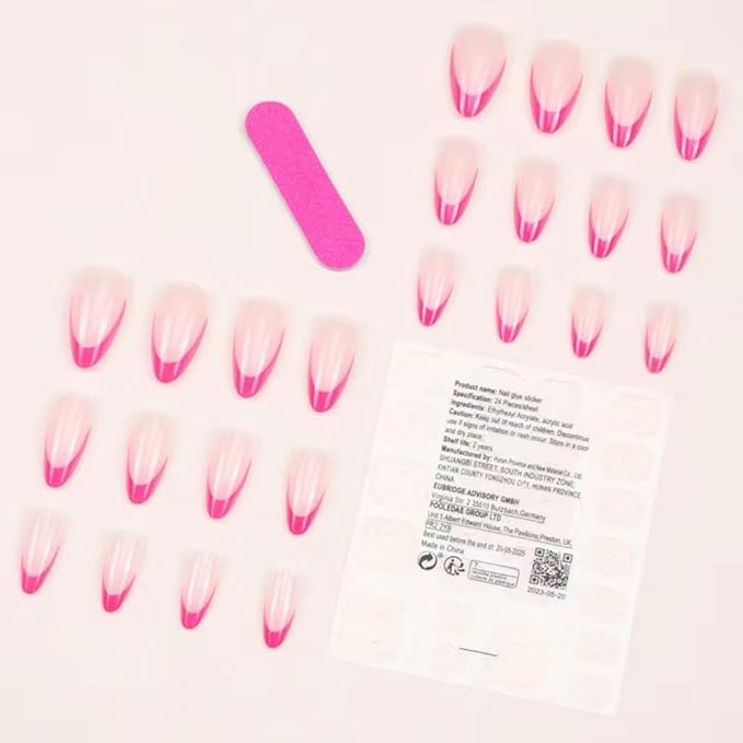 Pink French Tip Fake Nails Medium Almond Nude with Design Glossy Glue on Reusable Artificial Acrylic Stick on Nails For Women Girls Gift 24pcs