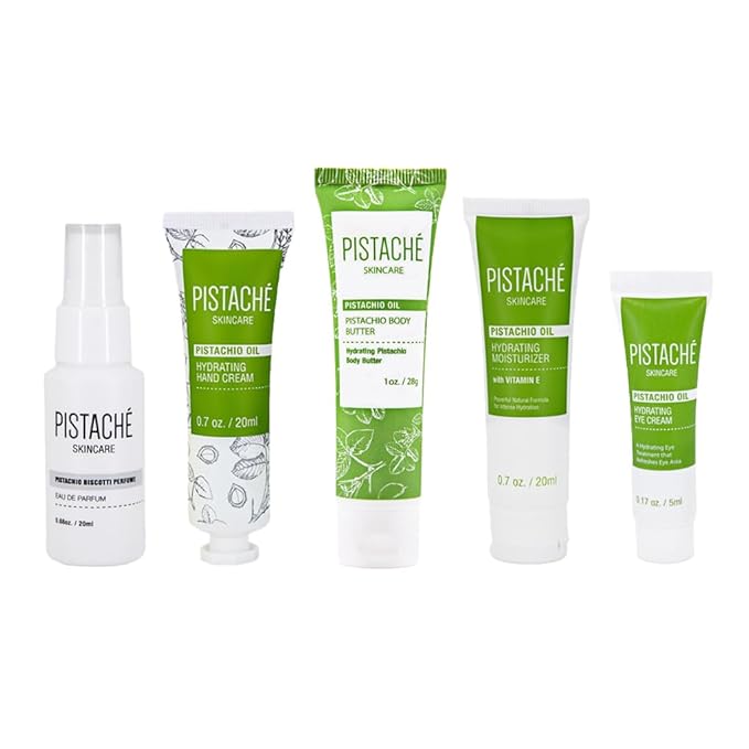 Pistaché Skincare Pistachio Oil 5-Pc Mini Collection (Travel) + Body Butter, Hand Cream, Biscotti Perfume, Eye Cream & Face Moisturizer + Hydrates and Nourishes + Vitamin E + Antioxidant Protection-VivaGrace Women
