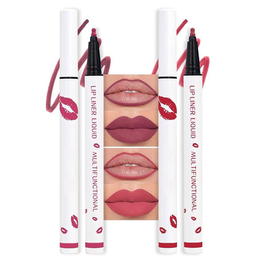 2Pcs Longwear Liquid Lip Liner Stain Marker Pen Set Long Lasting Waterproof, Mauve Pink Red Matte Semi Permanent 24 Hour Lip Liner and Lipstick Combo, Color Stay Lipliner All Day, Lips Stain peel off-VivaGrace Women