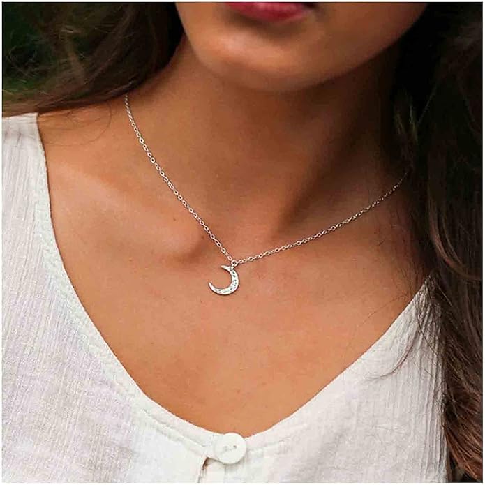 Boho Rhinestone Moon Necklace CZ Crescent Pendant Necklace Chain Minimalist Necklace Festival Jewelry for Women and Teen Girls-VivaGrace Women