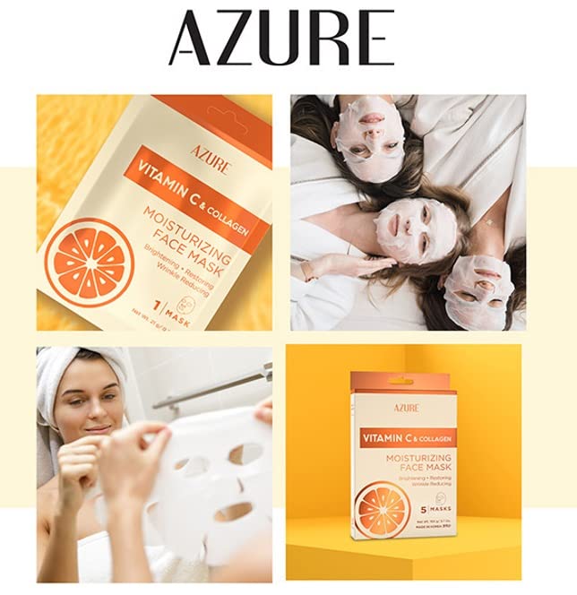 Azure Cosmetics Vitamin C & Collagen Moisturizing Facial Sheet Mask- Anti Aging, Deeply Moisturizing & Firming - Improves Elasticity - Skin Care Made in Korea - Pack of 5-VivaGrace Women