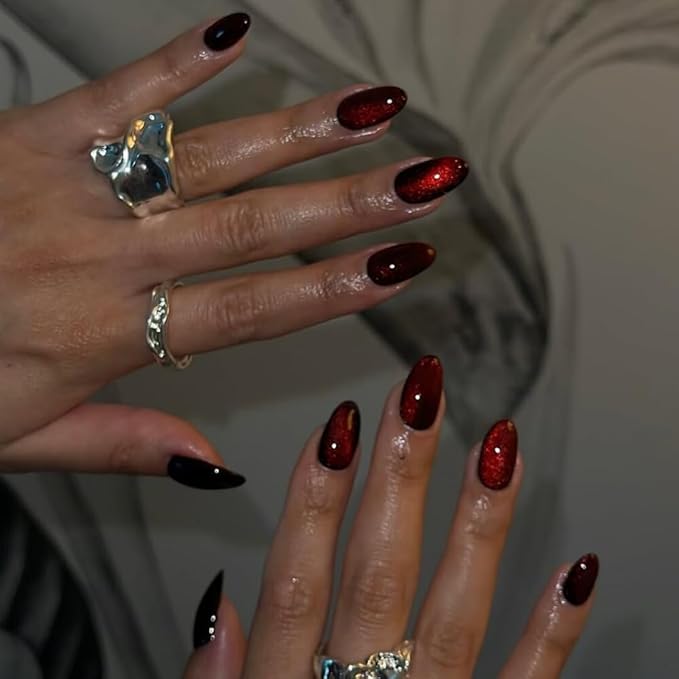 KQueenest Dark Red Cat Eye Press on Nails Short Oval, 30 Pcs Glitter Burgundy Fake Nails Short, Thick Shiny Sparkle Nails Press on, Cute Bling Acrylic Stick on Nails for Women Daily Wear