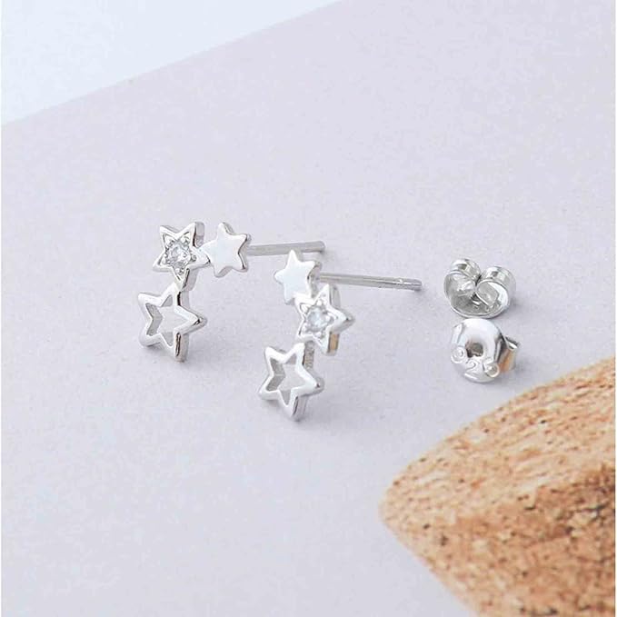 Boho Rhinestone Star Ear Climber Earrings Silver Cluster Star Earrings Minimal Crawler Earrings Vintage Studs Earrings Jewelry for Women and Girls-VivaGrace Women