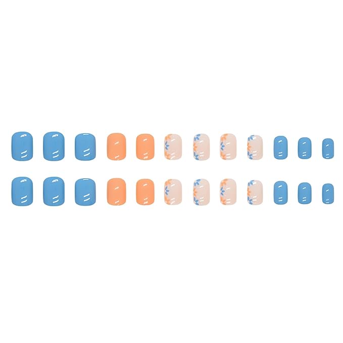 Short Press on Nails Square Fake Nails Blue Orange Flowers Glue on Nails Spring Summer Nail Art Decorations Glossy Full Cover Acrylic False Nails Short Square Stick on Nails 24Pcs