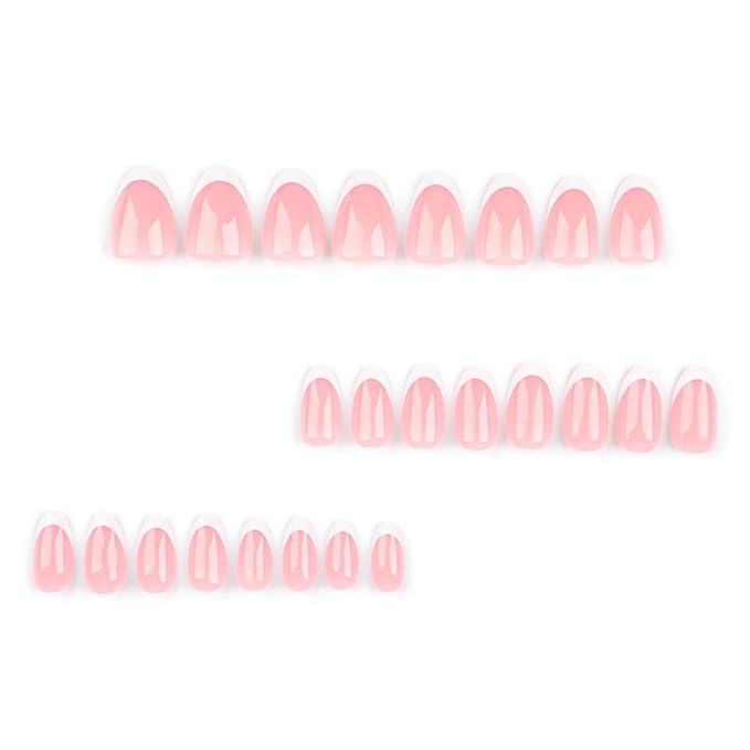 White French Tip Press on Nails Medium Almond Fake Nails Nude False Nails with Design Reusable Acrylic Glue on Nails Glossy Full Cover Stick on Nails for Women Girls Manicure 24pcs