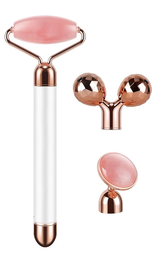 3-IN-1 Electric Jade Roller 3D Roller Facial Roller & Face Massager, Rose Quartz-VivaGrace Women