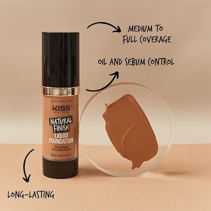 Kiss New York Professional Liquid Foundation - Lightweight and Hydrating Formula, Natural Finish, Control Shine, Cover Pores, Medium to Full Coverage, Green Tea Extract (Warm Honey)-VivaGrace Women