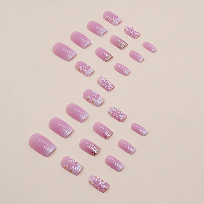 Square Press on Nails Medium, Pink Fake Nails Spring False Nails with Daisy Flower Designs, Glossy Full Cover Artificial Nails Medium Stick on Nails Cute Glue on Nails, 24 Pcs