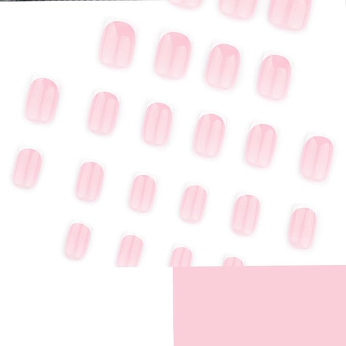 24Pcs Short Square Press on Nails Nude Pink Fake Nails with Jelly Glue White French Tip False Nail Glossy Artificial Finger Manicure Reusable Natural Fashion Nail Tips for Women