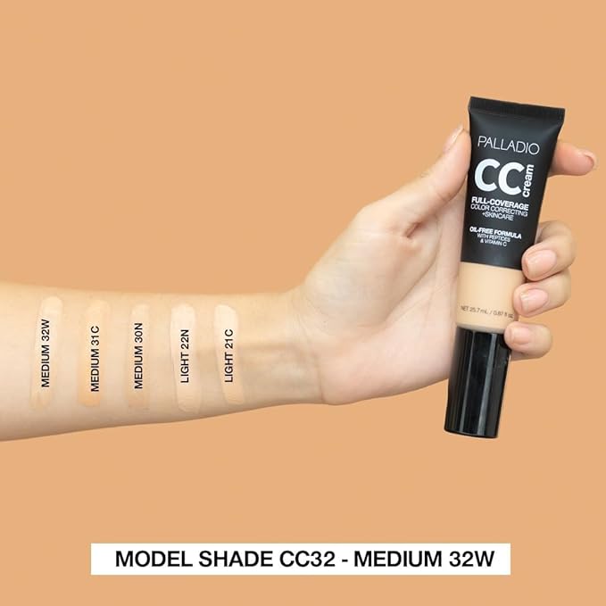 Palladio Full-Coverage Color Correction CC Cream, Oil-Free with Peptides & Vitamin C, Best for Correcting Redness and Uneven Skin Tone, Buildable Foundation Coverage (Light 22N)-VivaGrace Women