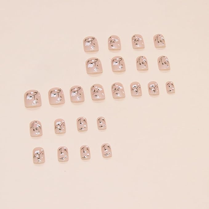 Flower Fake Nails Short Square Press on Nails Cute Acrylic Nails Cotton Flowers Glue on Nails Nude Full Cover Coffin False Nails Glossy Stick on Nails White Floral Nails for Women Manicure 24Pcs