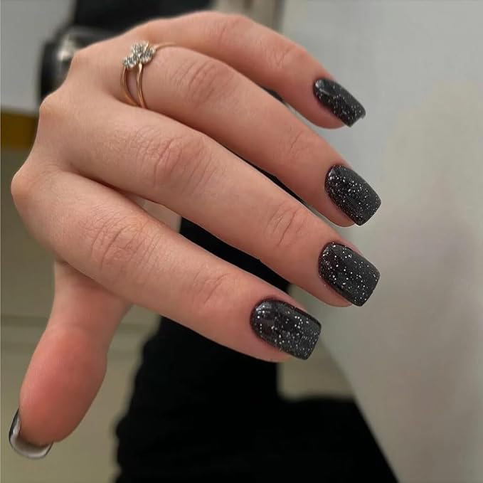 KQueenest Black Glitter Press on Nails Short Nails Glue On, Sparkle Bling Fake Nails Short, Cute Acrylic Nails Press ons, Luxury Shiny Stick on Nails For Women Festival Decoration in 24 Pcs