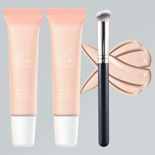 2 Pack Liquid Foundation Cream with Foundation Brush for Face Makeup,Durable Full Coverage Matte Concealer Make Up,Oil Control & Waterproof Base Primer -1 Fl.Oz (#02)-VivaGrace Women