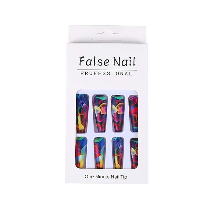 Acrylic Press on Nails Long Coffin Fake Nails with Nails Glue Long Ballet False Nails with Water Ripple Rainbow Designs Colorful Full Cover Artificial Nails Press Ons Stick on Nails 24Pcs