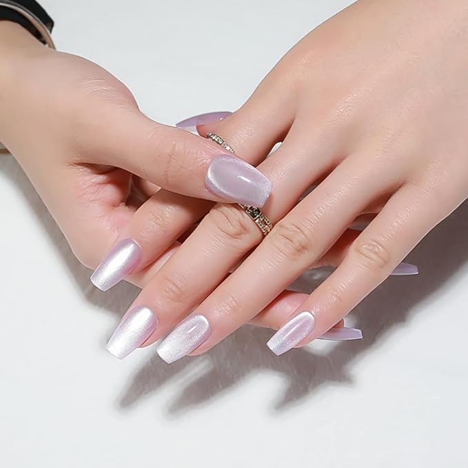 Summer Press On Nails, Cat Eye Medium Coffin Press On Nails, Crystal Glow Design Light Purple Magnetic Nails, Ice Glossy Gel Fake Nails, Reusable Acrylic Stick On Nails for Women, Sugar Frost