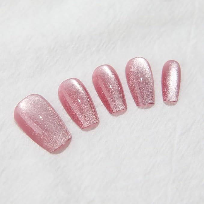 Nude Pink Medium Coffin Press On Nails, Cat Eye Press On Nails with Crystal Glow Design, Fashion Gel Coffin Fake Nails, Reusable Acrylic Fake Nails, Stick On Nails for Women, Glacial Rose