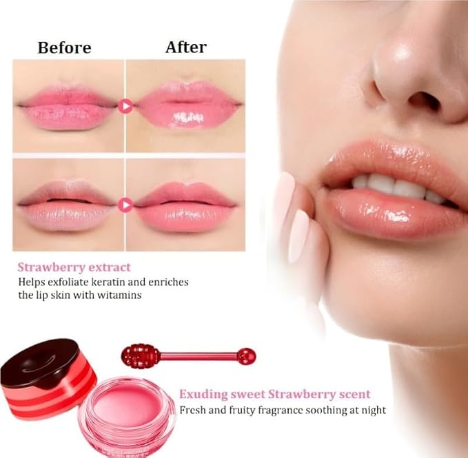 Bee Lip Balm Honey Pot,Honey Lip Mask Propolis Moisturizing Lip Balm with Stick,Hydrating and Prevention Dry and Cracked Lip Scrubs Exfoliator (2 PCS, Honey & Strawberry)-VivaGrace Women