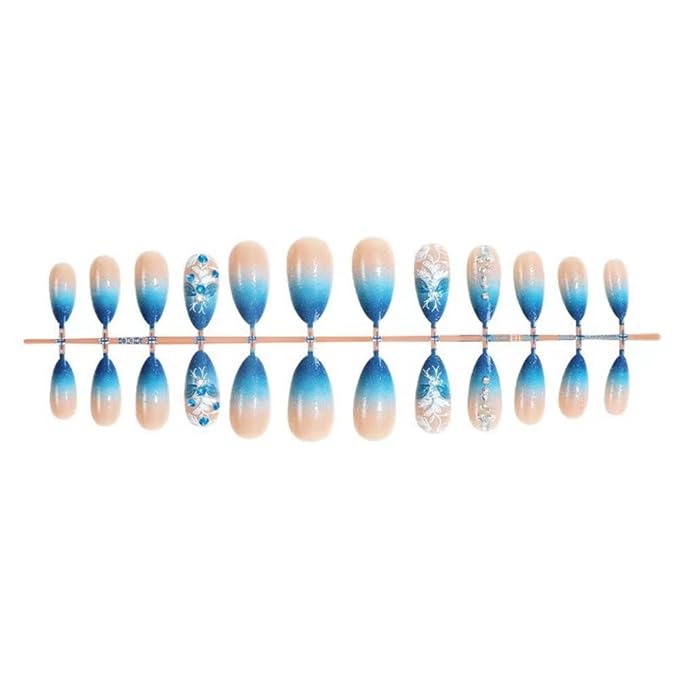 Rhinestone Press on Nails Medium Almond Fake Nails Blue Ombre False Nails with Design Stiletto Glue on Nails Glossy Acrylic Nail Full Cover Stick on Nails for Women Girls Manicure 24Pcs