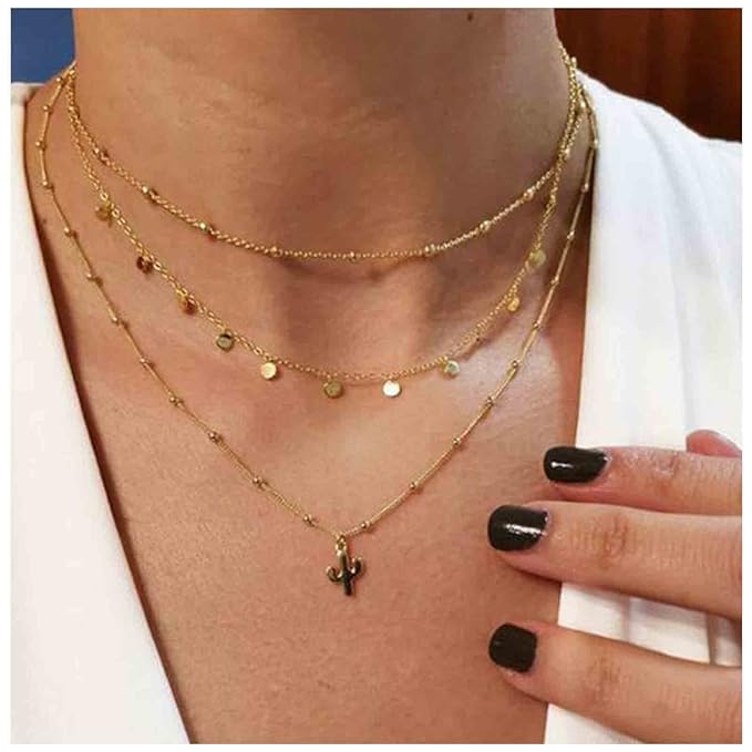 Boho Layered Disc Coin Necklace Choker Gold Cactus Pendant Necklace Stacking Satellite Chain Necklace Vintage Multilayer Necklace Chain Jewelry for Women and Girls Gifts-VivaGrace Women