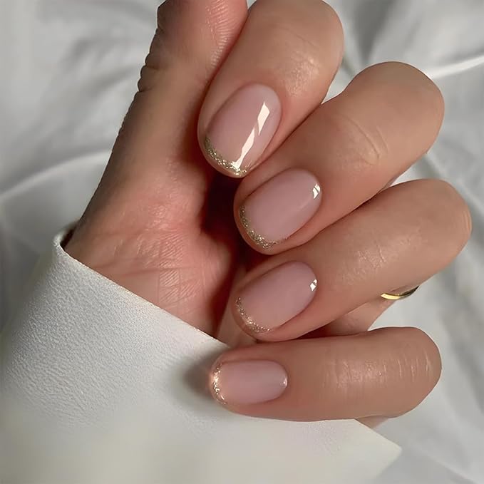 Press on Nails Short, Extra Short Press on Nails Glue on for Women, Gold Nude Pink French tip press-on nail, Reusable Stick on Acrylic Glossy Soft Gel Fake presson Nail Kit for Women Gift