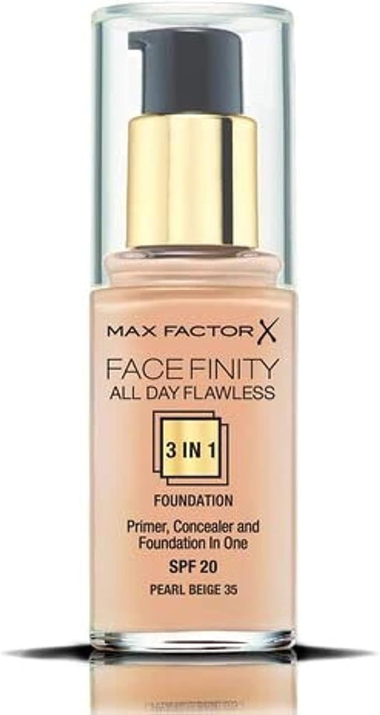 Max Factor Facefinity All Day Flawless 3 In 1 Foundation SPF 20, 30 Ml, 35 Pearl Beige-VivaGrace Women