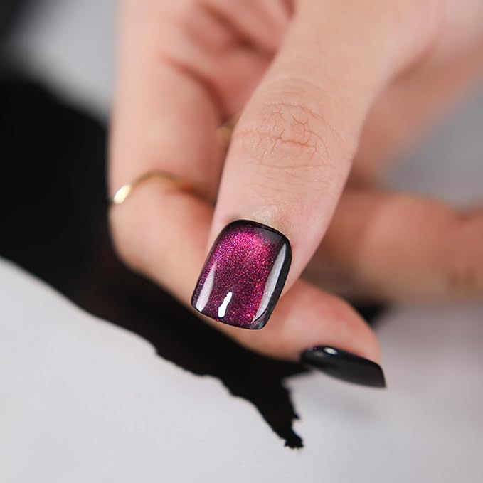Dark Purple Press on Nails Short Square, Cat Eye Press on Nails, Fashion Gel Fake Nails, Reusable Acrylic Fake Nails, Glossy Stick on Nails for Women Girls Gift, Glue on Nails Kit, 24Pcs