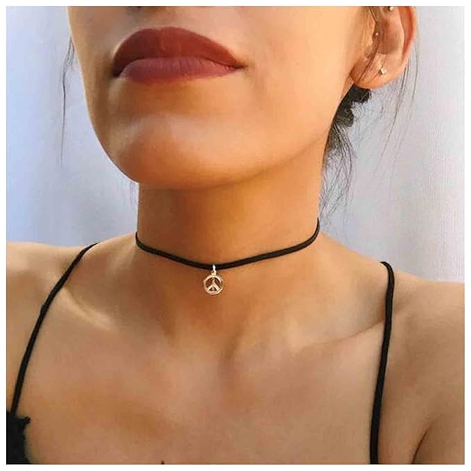 Boho Peace Choker Necklace Black Cord Circle Necklace Short Round Necklace Vegan Necklace Chain Jewelry for Women and Girls-VivaGrace Women