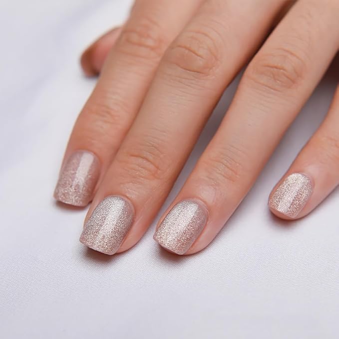 Nude-Silver Spring Press on Nails Short Square, Cat Eye Press on Nails, Fashion Gel Fake Nails, Reusable Acrylic Fake Nails, Glossy Stick on Nails for Women, Glue on Nails Kit, Icy Nude-Silver