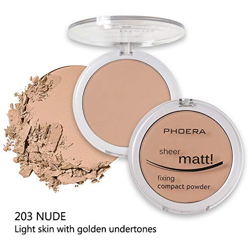 AQUAPURITY PHOERA Sheer Matte Compact Powder Fixing Powder Makeup Base Fixer Setting Powder Foundation Fixing Compact Pressed Powder Long Lasting Make Up Fixer Skin Vitamin E Beauty Blender (203 NUDE)-VivaGrace Women