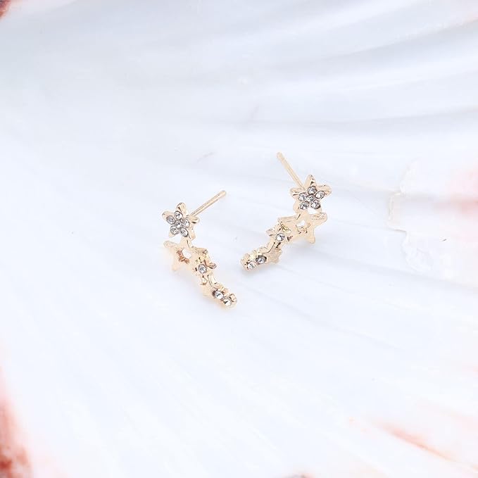 Bohemia Star Climber Crawler Earrings Gold Crystal Star Ear Climber Earrings Cluster Star Studs Earring Festival Earrings Jewelry for Women and Girls (Gold)-VivaGrace Women