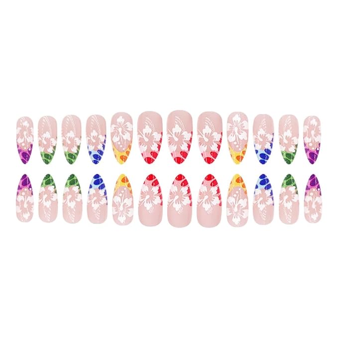 Colorful French Tips Press on Nails Medium Almond Fake Nails with White Flower Designs Spring Nails Press ons,Glossy Reusable Floral False Nails for Women Girls Manicure 24pcs