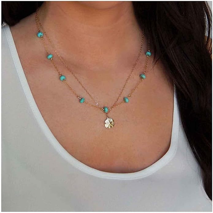 Boho Layered Coin Turquoise Necklace Gold Hammered Coin Disc Pendant Necklace Vintage Necklace Chain Jewelry for Women-VivaGrace Women