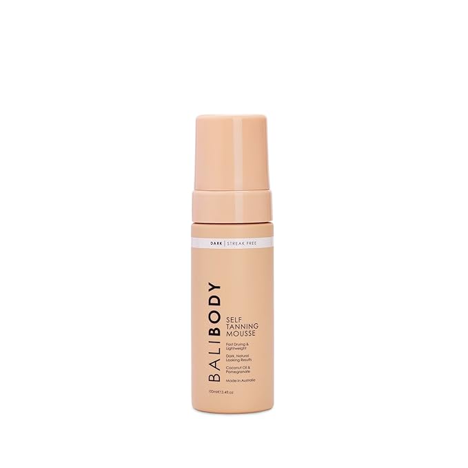 Bali Body Self Tanner Mousse Dark โ Sunless Tanning Foam for Body | Natural, Streak-Free, Fake Tan | Vegan, Cruelty-Free, Organic Self Tan Mousse for All Skin Types (100ml/3.4 fl oz)
