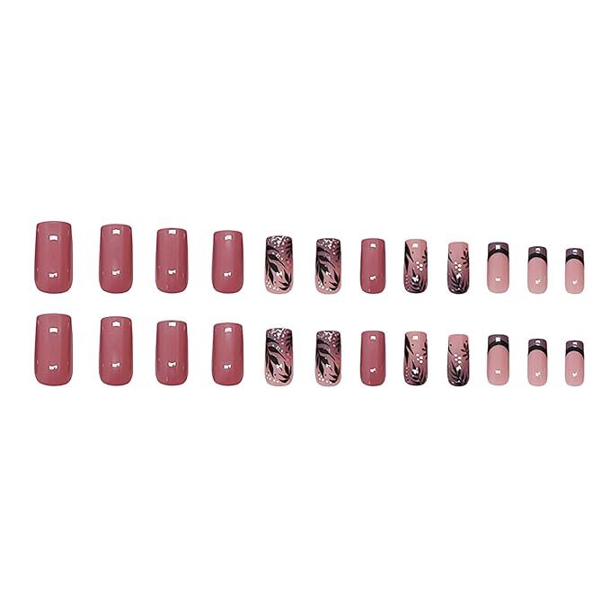 Medium Square Press on Nails Purple French Fake Nails Glitter False Nails with Leaf Designs Full Cover Glue on Nails Sparkly Artificial Nails Cute Stick on Nails for Women 24Pcs