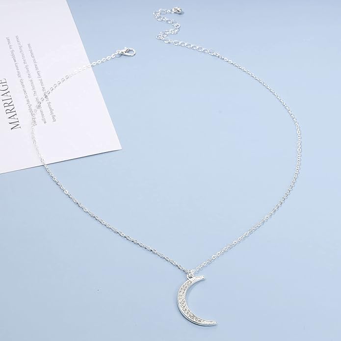 Boho Rhinestone Moon Necklace CZ Crescent Pendant Necklace Chain Minimalist Necklace Festival Jewelry for Women and Teen Girls-VivaGrace Women