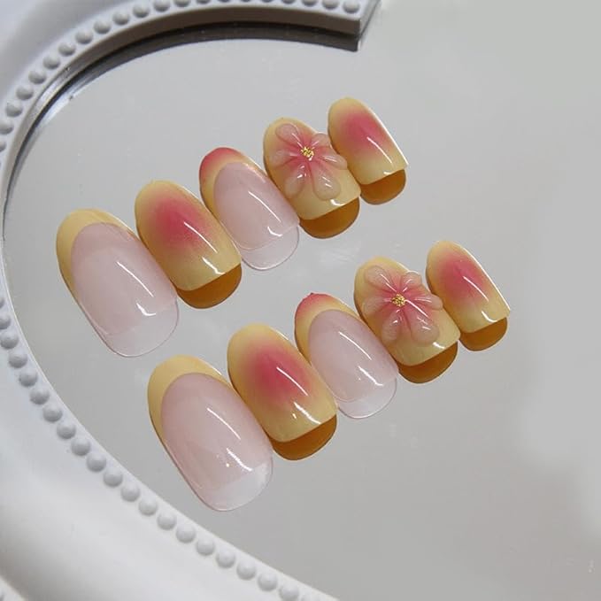24Pcs Almond Press on Nails Flower Summer Fake Nails with 3D Floral Designs French Tip Pink Acrylic False Nails Cute Glue on Nails Medium Almond Nails Press ons for Women Girls