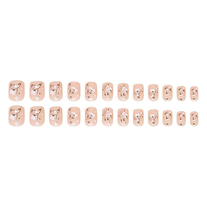 24 Pcs Small Flower Press on Nails Short Square Fake Nails White Flowers Glue on Nude False Nails Cute Spring Nail Art Decorations Short Square Stick on Nails for Women and Girls