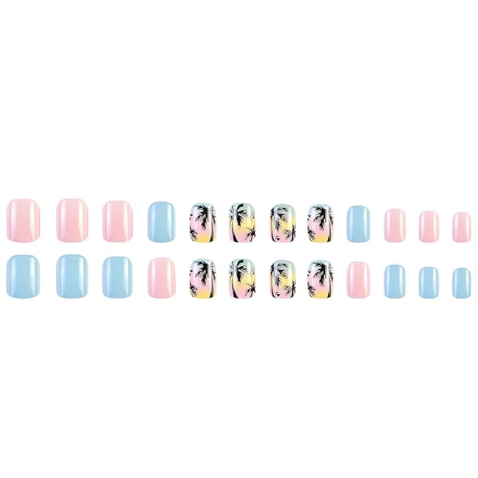 24 Pcs Summer Press on Nails Short Square Fake Nails Cute Palm Tree Designs False Nail Tips Glossy Blue Pink Acrylic Nails Full Cover Beach Glue on Nails Short Artificial Stick on Nails for Women