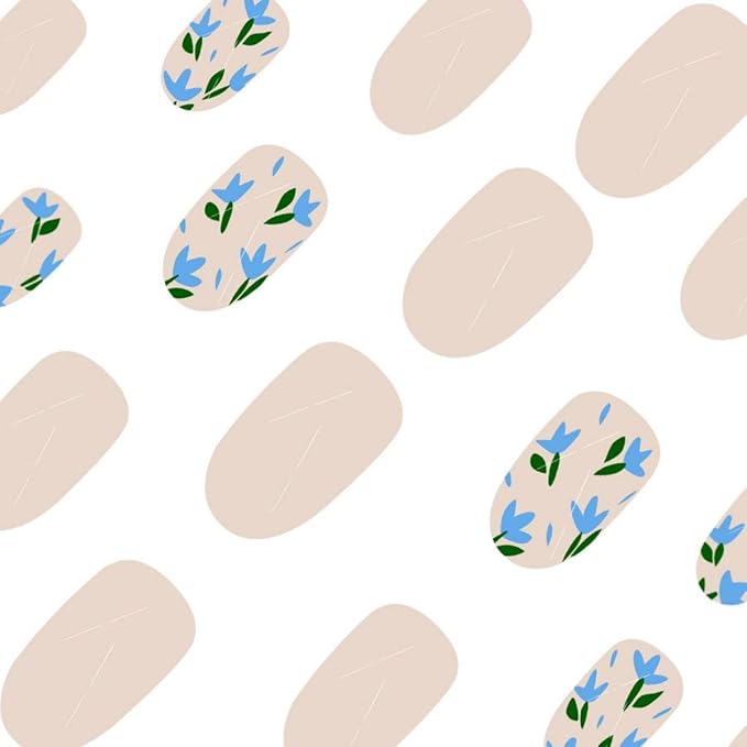 Almond Press on Nails Spring Medium Fake Nails with Green Leaf Design Blue Floral Glue on Nails Glossy Nude False Nails Reusable Summer Nails for Women Girls Daily Manicure 24pcs