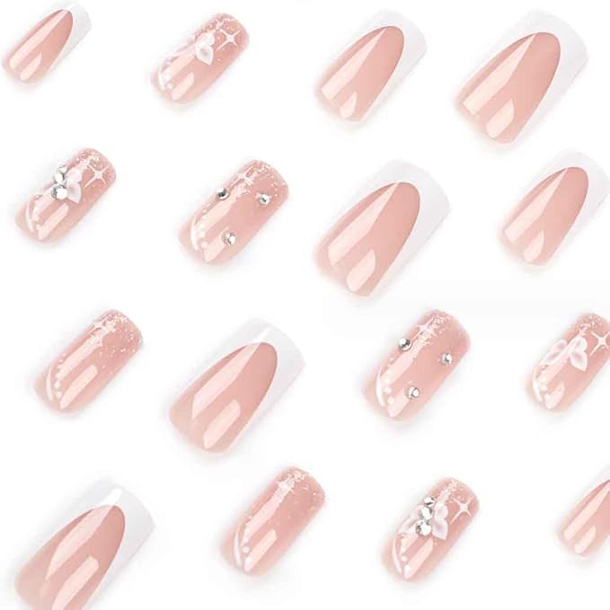 Long Press On Nails - Nude Square Clear Acrylic False Nails - 24PCS French Full Cover Bling Rhinestone Butterfly Design